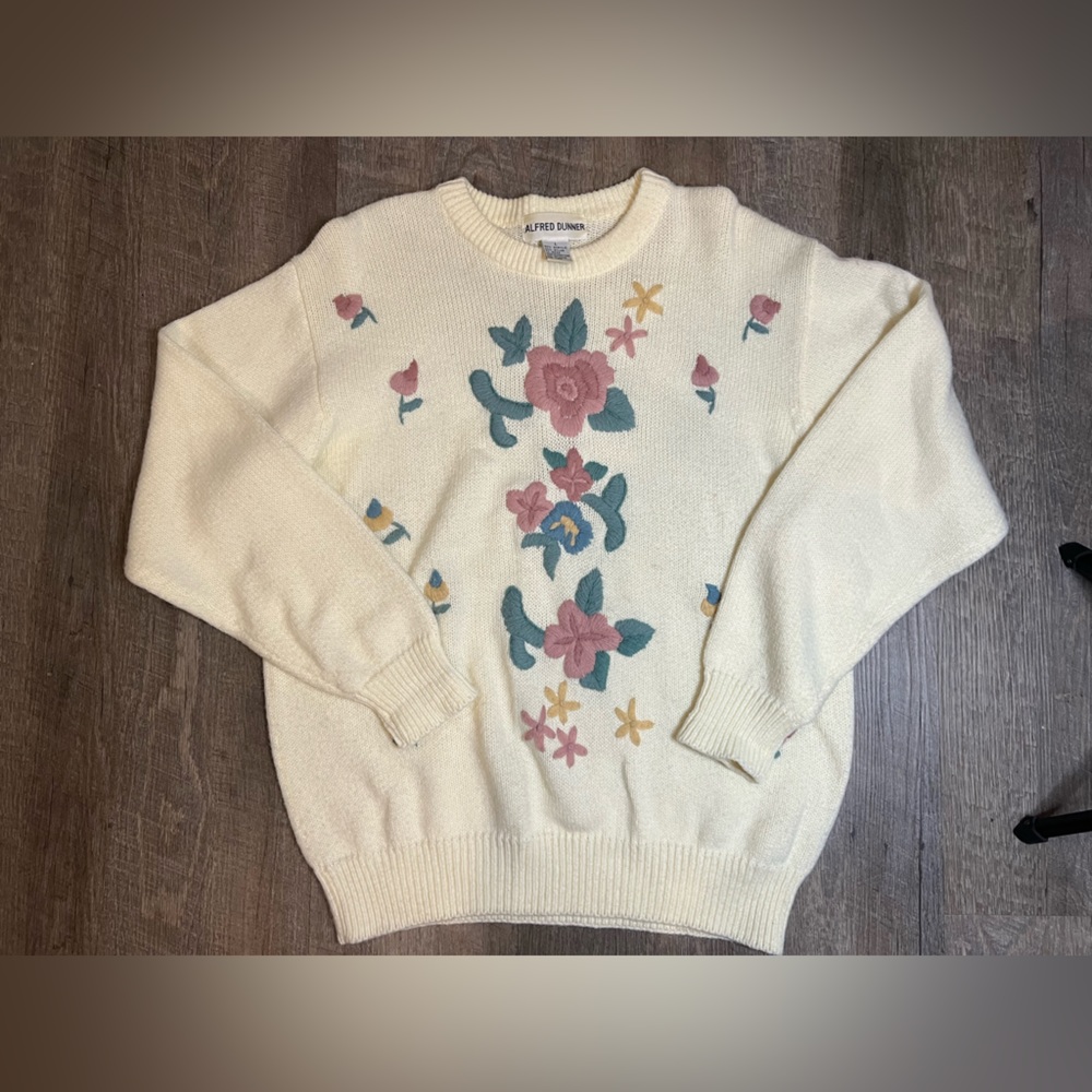 VTG 80's Alfred Dunner Ivory Pullover Floral Embroidered Cottagecore Sweater SZL